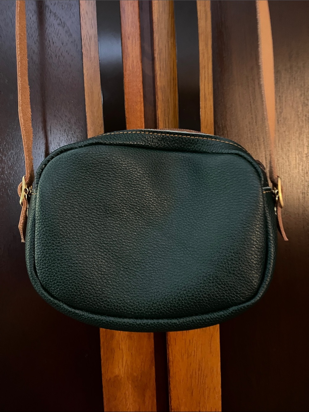 #35-Genuine Handmade Forest Green Italian Leather Crossbody w/Tan Leather Strap